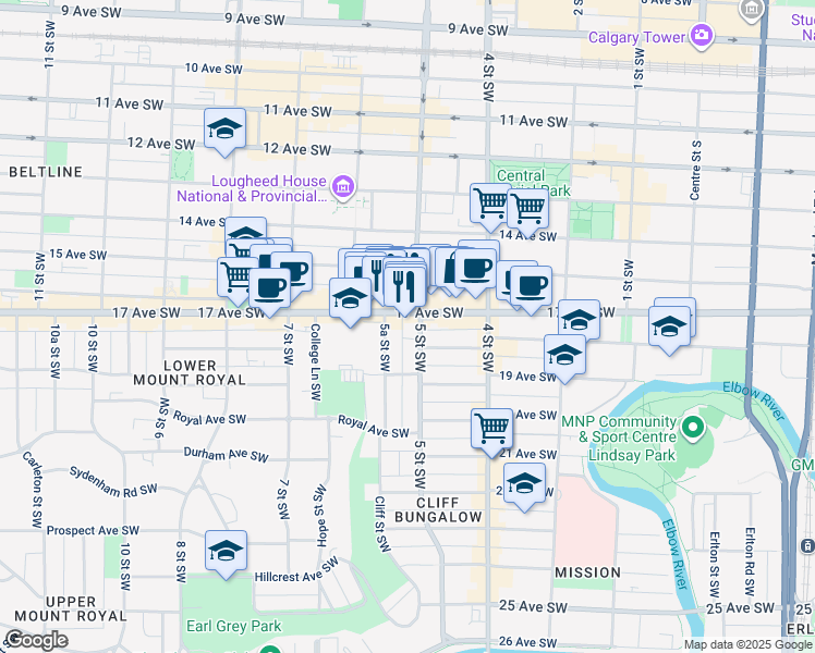 map of restaurants, bars, coffee shops, grocery stores, and more near in Calgary