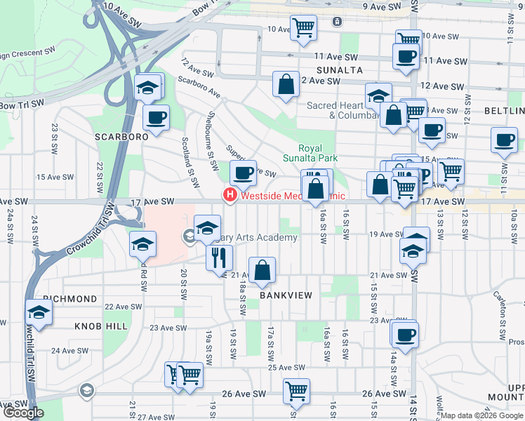 map of restaurants, bars, coffee shops, grocery stores, and more near 1808 18 Street Southwest in Calgary