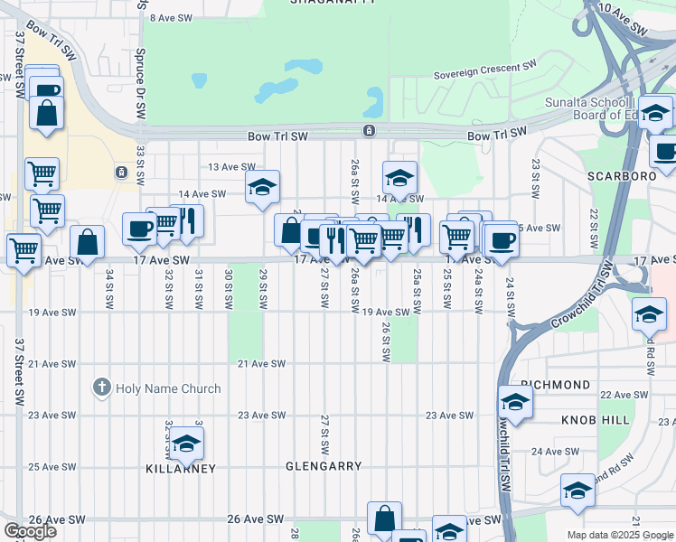 map of restaurants, bars, coffee shops, grocery stores, and more near 2741 17 Avenue Southwest in Calgary
