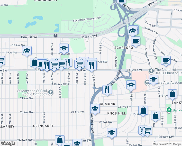 map of restaurants, bars, coffee shops, grocery stores, and more near 2505 17 Avenue Southwest in Calgary