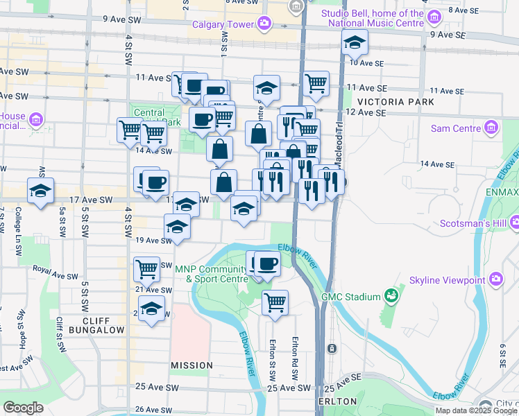map of restaurants, bars, coffee shops, grocery stores, and more near 105 17 Avenue Southeast in Calgary