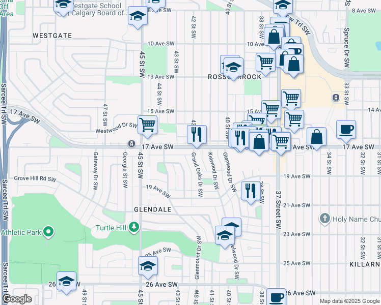 map of restaurants, bars, coffee shops, grocery stores, and more near in Calgary