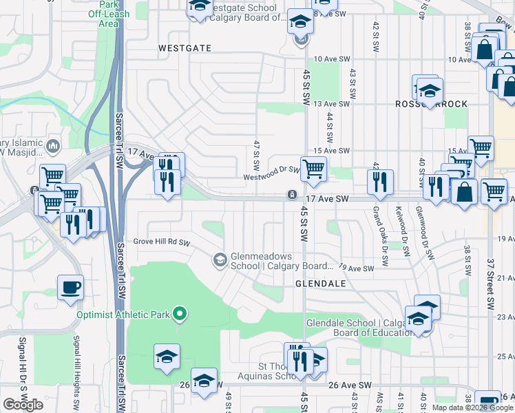 map of restaurants, bars, coffee shops, grocery stores, and more near 4723 17 Avenue Southwest in Calgary