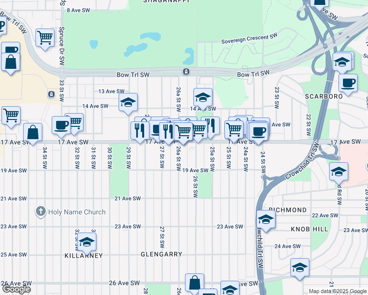 map of restaurants, bars, coffee shops, grocery stores, and more near 2711 17 Avenue Southwest in Calgary