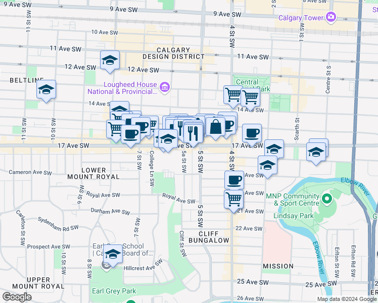 map of restaurants, bars, coffee shops, grocery stores, and more near in Calgary