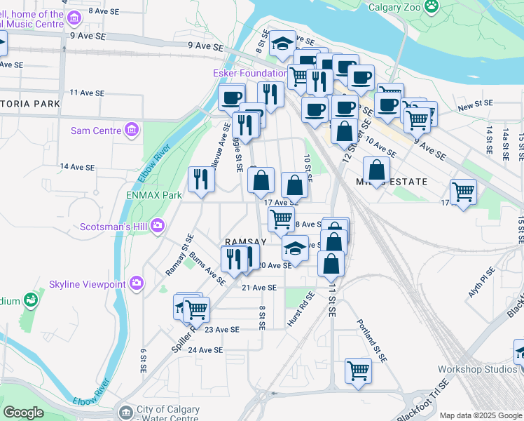 map of restaurants, bars, coffee shops, grocery stores, and more near in Calgary