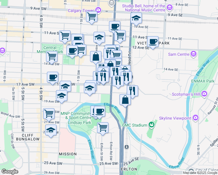 map of restaurants, bars, coffee shops, grocery stores, and more near in Calgary