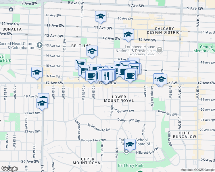 map of restaurants, bars, coffee shops, grocery stores, and more near 201 9A Street Southwest in Calgary