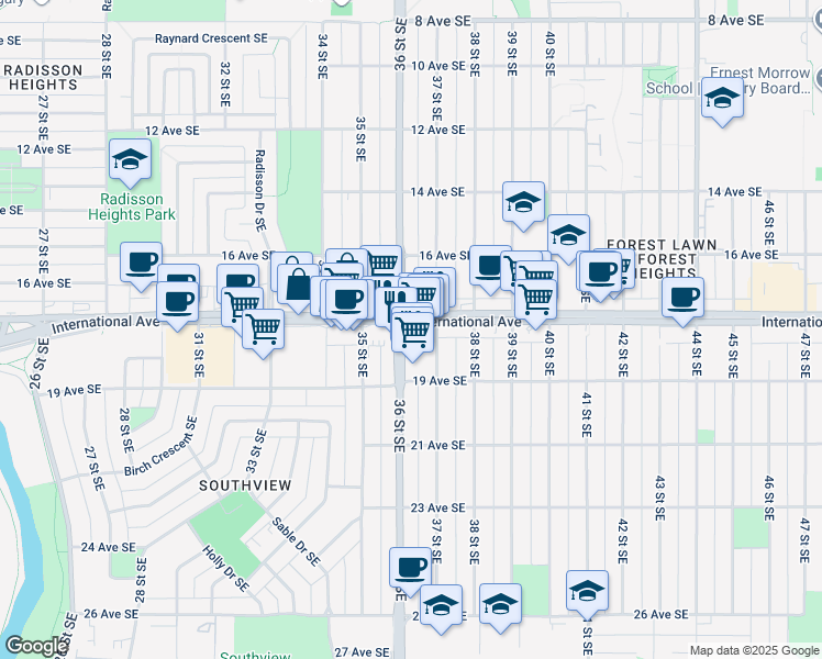 map of restaurants, bars, coffee shops, grocery stores, and more near 3707 17 Avenue Southeast in Calgary