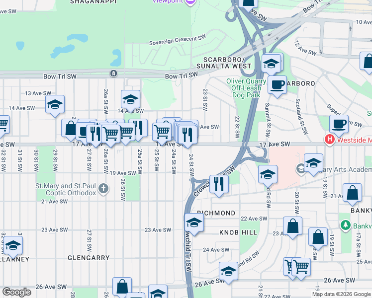 map of restaurants, bars, coffee shops, grocery stores, and more near 2505 17 Avenue Southwest in Calgary