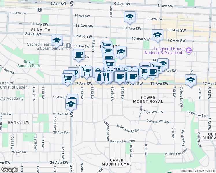 map of restaurants, bars, coffee shops, grocery stores, and more near 1120 17 Avenue Southwest in Calgary