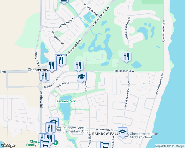 map of restaurants, bars, coffee shops, grocery stores, and more near 245 West Creek Springs in Chestermere