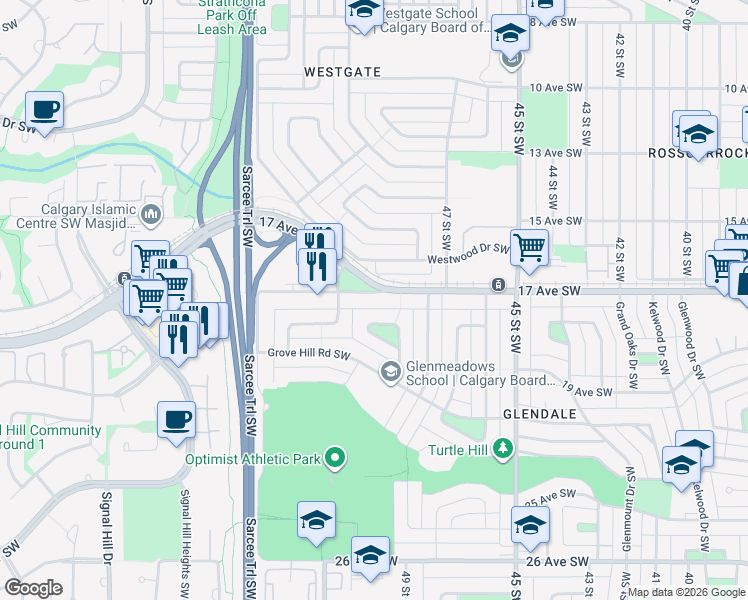 map of restaurants, bars, coffee shops, grocery stores, and more near 4935 17 Avenue Southwest in Calgary
