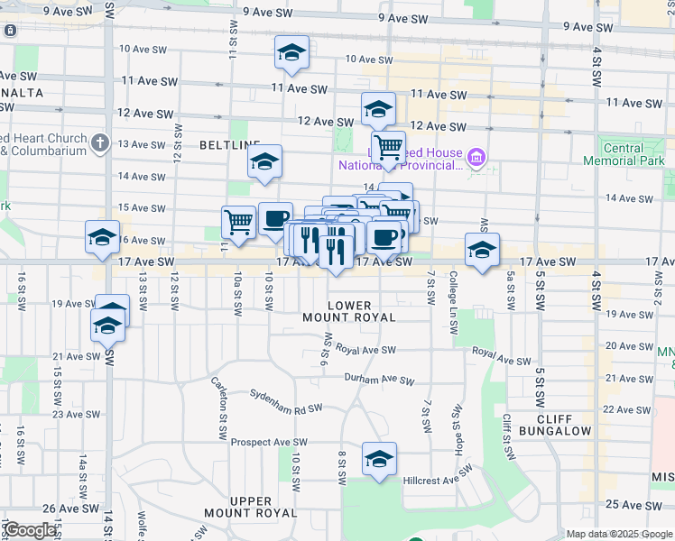 map of restaurants, bars, coffee shops, grocery stores, and more near 930 18 Avenue Southwest in Calgary