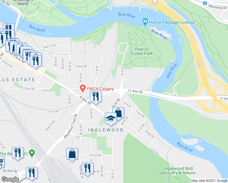 map of restaurants, bars, coffee shops, grocery stores, and more near 8 Blackfoot Trail Southeast in Calgary