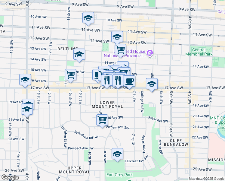 map of restaurants, bars, coffee shops, grocery stores, and more near 915 17 Avenue Southwest in Calgary