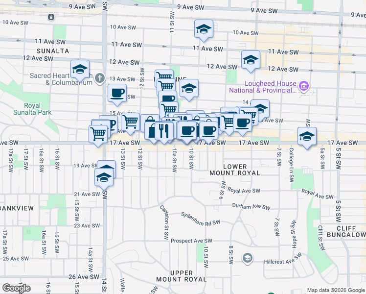 map of restaurants, bars, coffee shops, grocery stores, and more near 1120 17 Avenue Southwest in Calgary