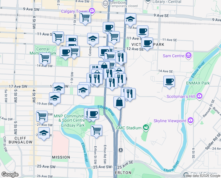 map of restaurants, bars, coffee shops, grocery stores, and more near in Calgary
