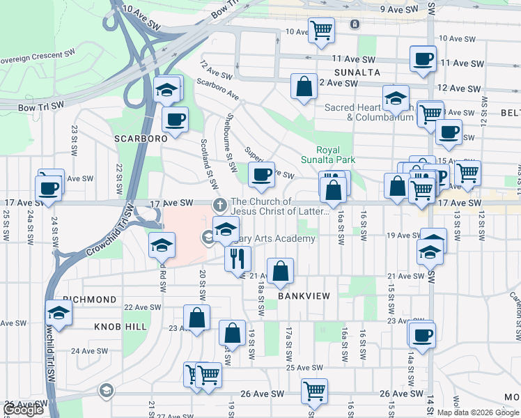 map of restaurants, bars, coffee shops, grocery stores, and more near 1818 18A Street Southwest in Calgary
