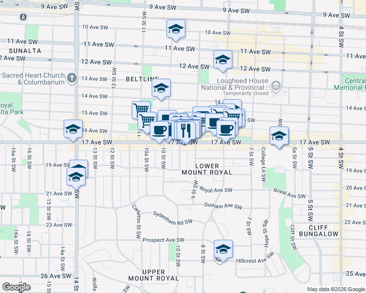 map of restaurants, bars, coffee shops, grocery stores, and more near 1019 17 Avenue Southwest in Calgary