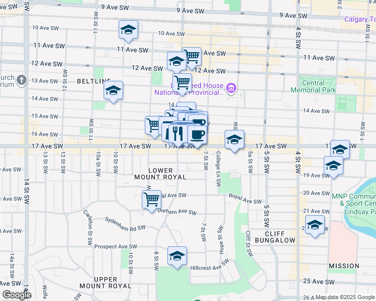 map of restaurants, bars, coffee shops, grocery stores, and more near 827 17 Avenue Southwest in Calgary