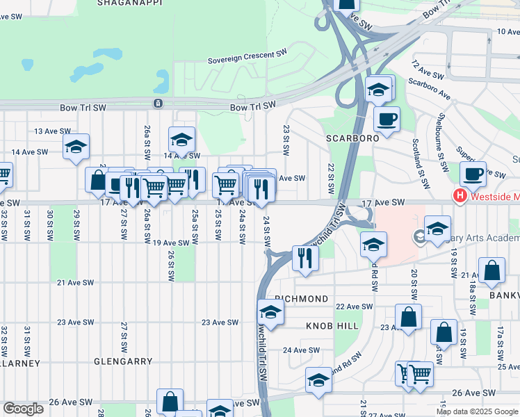 map of restaurants, bars, coffee shops, grocery stores, and more near 2505 17 Avenue Southwest in Calgary