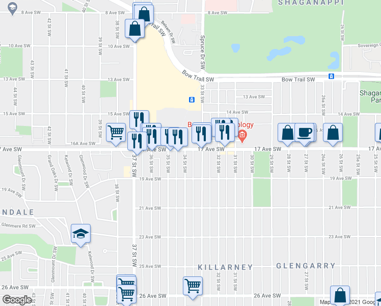 map of restaurants, bars, coffee shops, grocery stores, and more near 3417 17 Avenue Southwest in Calgary