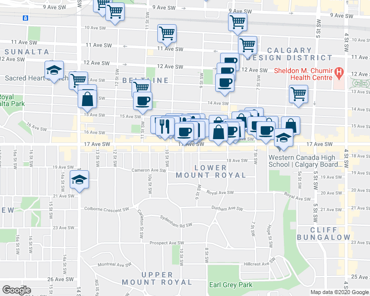 map of restaurants, bars, coffee shops, grocery stores, and more near 201 9A Street Southwest in Calgary
