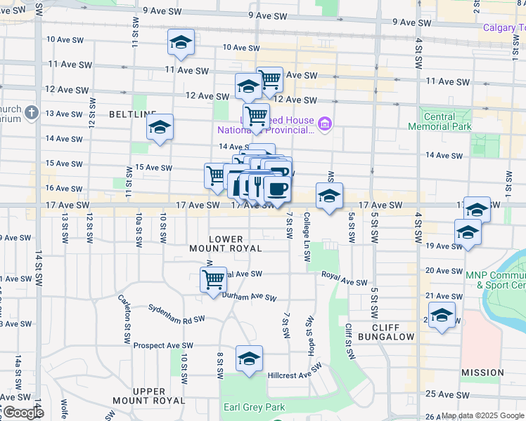 map of restaurants, bars, coffee shops, grocery stores, and more near 827 17 Avenue Southwest in Calgary