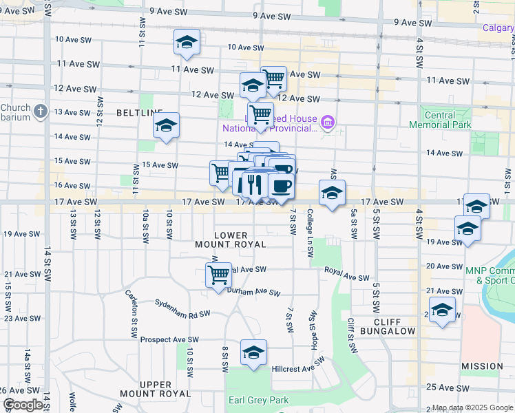 map of restaurants, bars, coffee shops, grocery stores, and more near 827 17 Avenue Southwest in Calgary