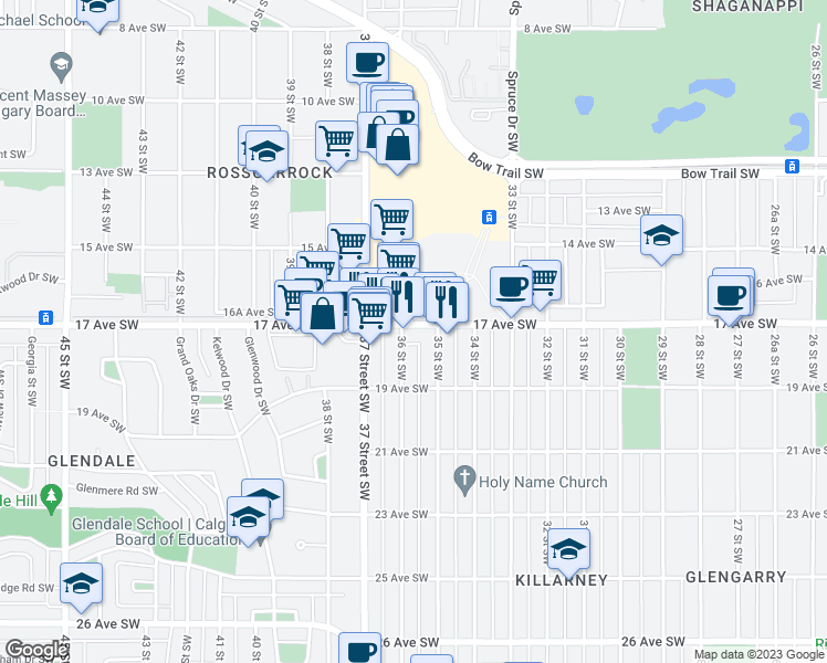 map of restaurants, bars, coffee shops, grocery stores, and more near 1904 36 Street Southwest in Calgary