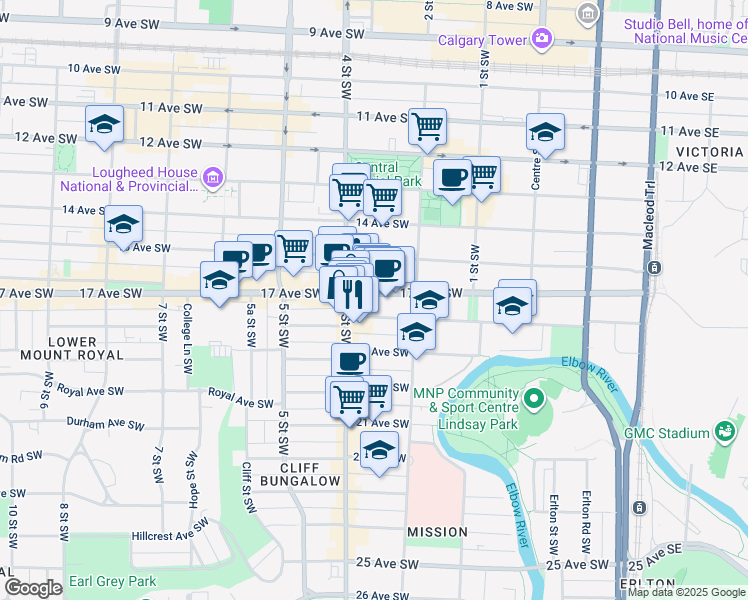 map of restaurants, bars, coffee shops, grocery stores, and more near in Calgary