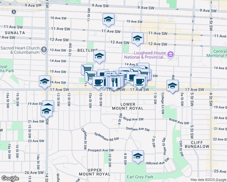 map of restaurants, bars, coffee shops, grocery stores, and more near 1036 17 Avenue Southwest in Calgary