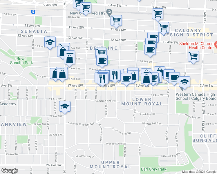 map of restaurants, bars, coffee shops, grocery stores, and more near 1120 17 Avenue Southwest in Calgary