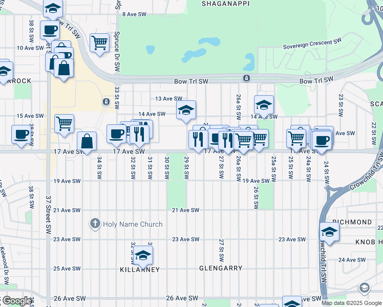 map of restaurants, bars, coffee shops, grocery stores, and more near in Calgary
