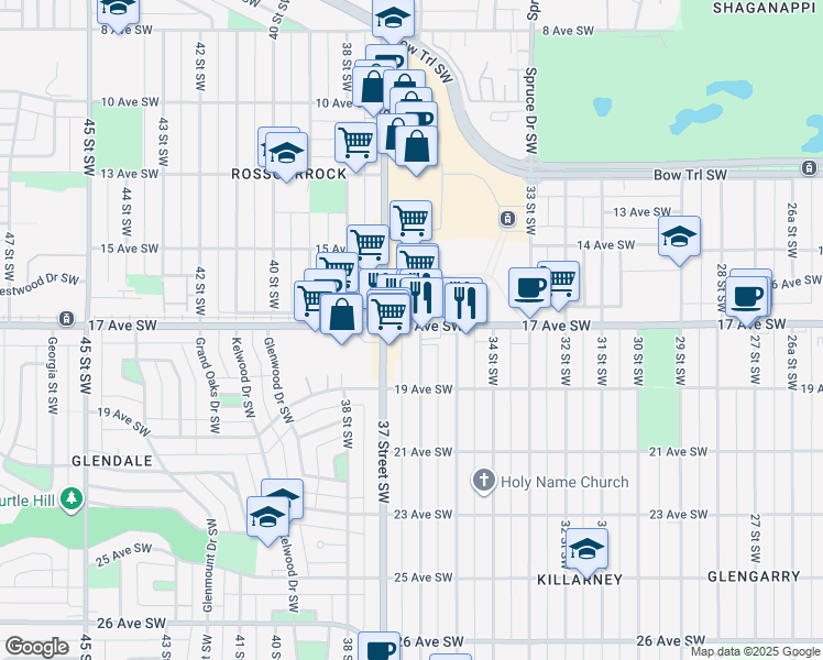 map of restaurants, bars, coffee shops, grocery stores, and more near 1904 36 Street Southwest in Calgary
