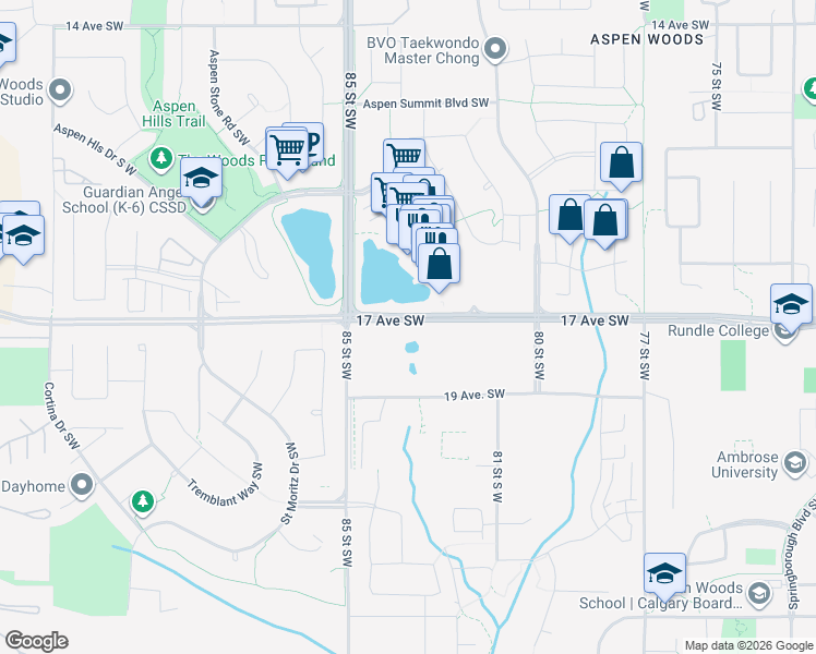 map of restaurants, bars, coffee shops, grocery stores, and more near 8473 17 Avenue Southwest in Calgary