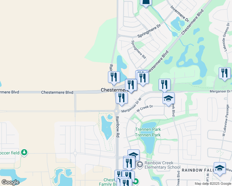 map of restaurants, bars, coffee shops, grocery stores, and more near Rainbow Road in Chestermere