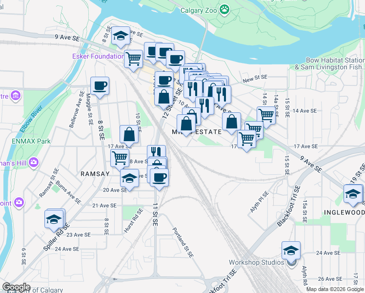 map of restaurants, bars, coffee shops, grocery stores, and more near 1109 17 Avenue Southeast in Calgary