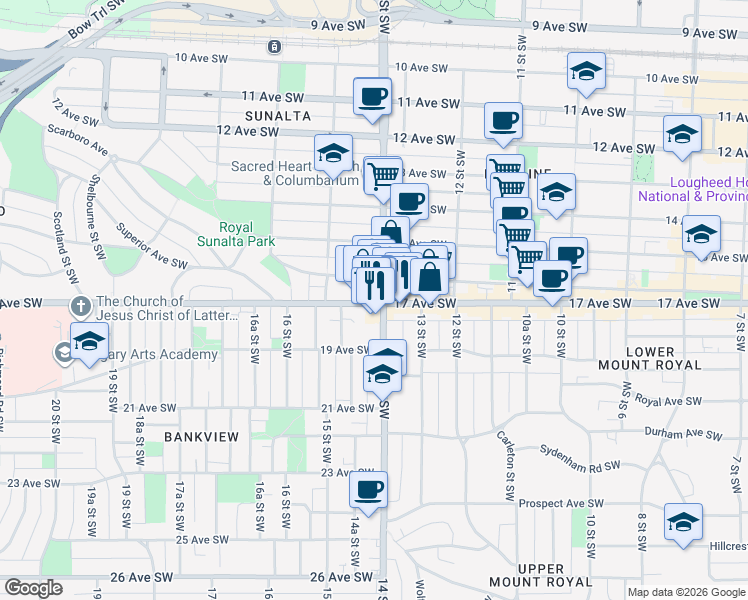 map of restaurants, bars, coffee shops, grocery stores, and more near 1428 17 Avenue Southwest in Calgary