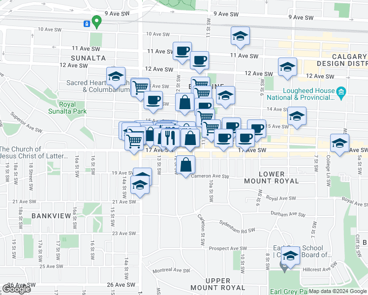 map of restaurants, bars, coffee shops, grocery stores, and more near 1230 17 Avenue Southwest in Calgary