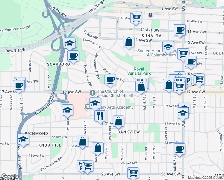 map of restaurants, bars, coffee shops, grocery stores, and more near 1818 18A Street Southwest in Calgary