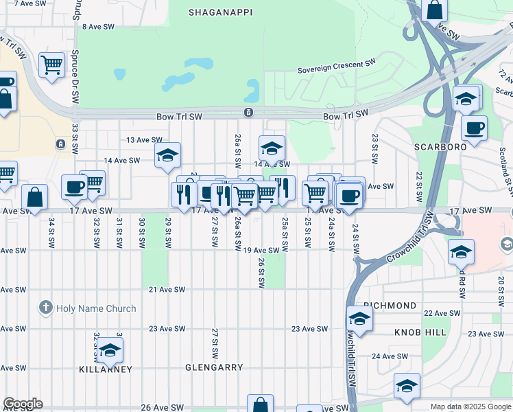 map of restaurants, bars, coffee shops, grocery stores, and more near 2711 17 Avenue Southwest in Calgary