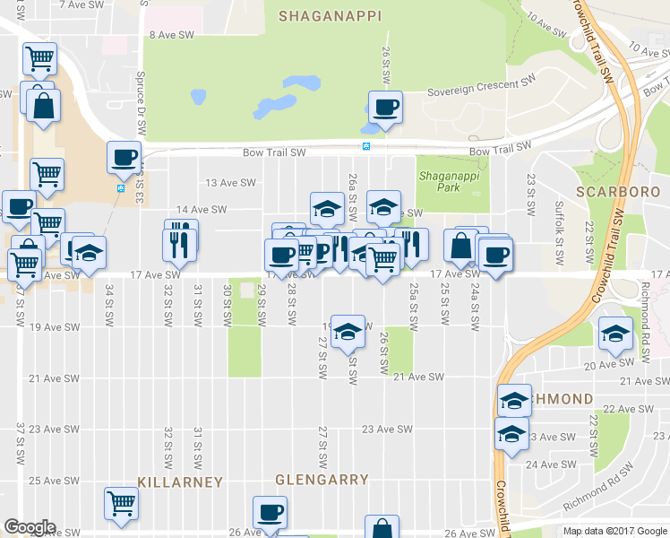 map of restaurants, bars, coffee shops, grocery stores, and more near 2741 17 Avenue Southwest in Calgary