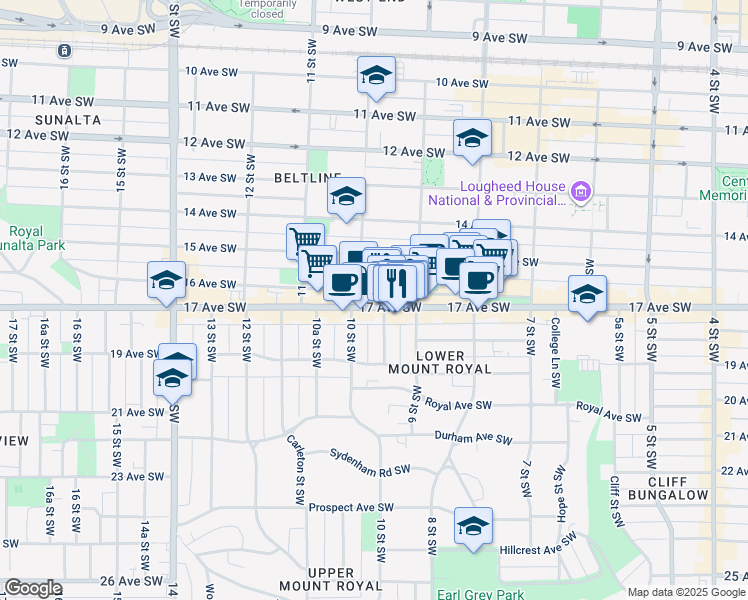 map of restaurants, bars, coffee shops, grocery stores, and more near 1036 17 Avenue Southwest in Calgary