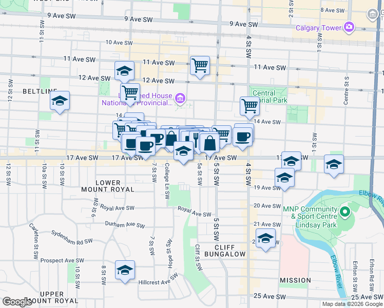 map of restaurants, bars, coffee shops, grocery stores, and more near 630 17 Avenue Southwest in Calgary