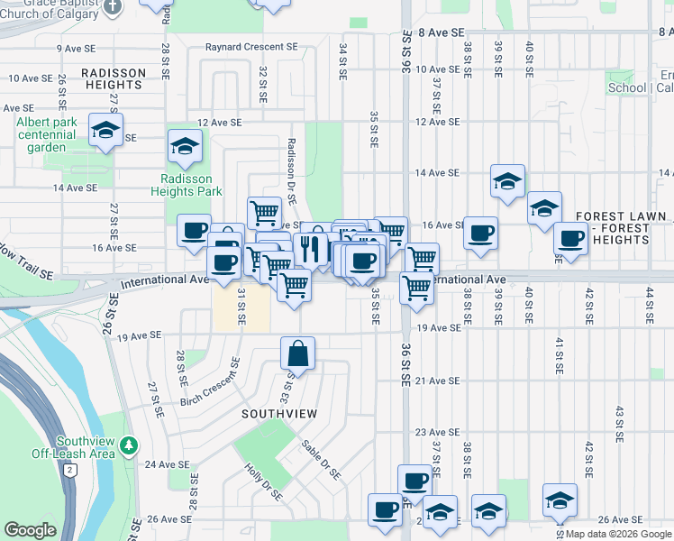 map of restaurants, bars, coffee shops, grocery stores, and more near 3460 17 Avenue Southeast in Calgary