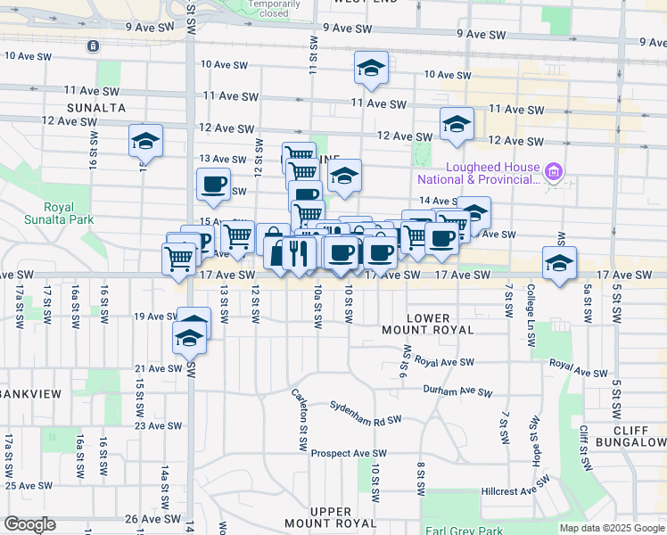 map of restaurants, bars, coffee shops, grocery stores, and more near 1120 17 Avenue Southwest in Calgary