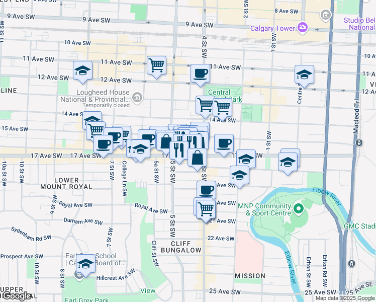 map of restaurants, bars, coffee shops, grocery stores, and more near 524 17 Avenue Southwest in Calgary