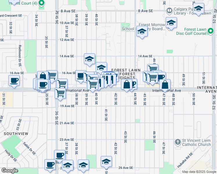 map of restaurants, bars, coffee shops, grocery stores, and more near in Calgary